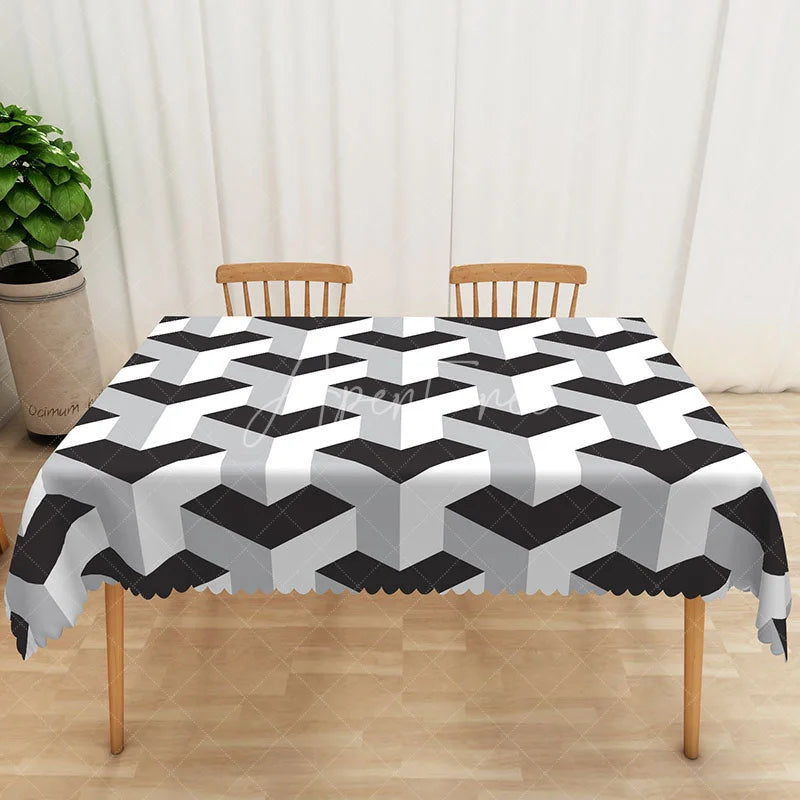 Aperturee - Aperturee Modern Black and Grey Geometric Rectangle Tablecloth for Contemporary and Minimalist Dining Room Decor