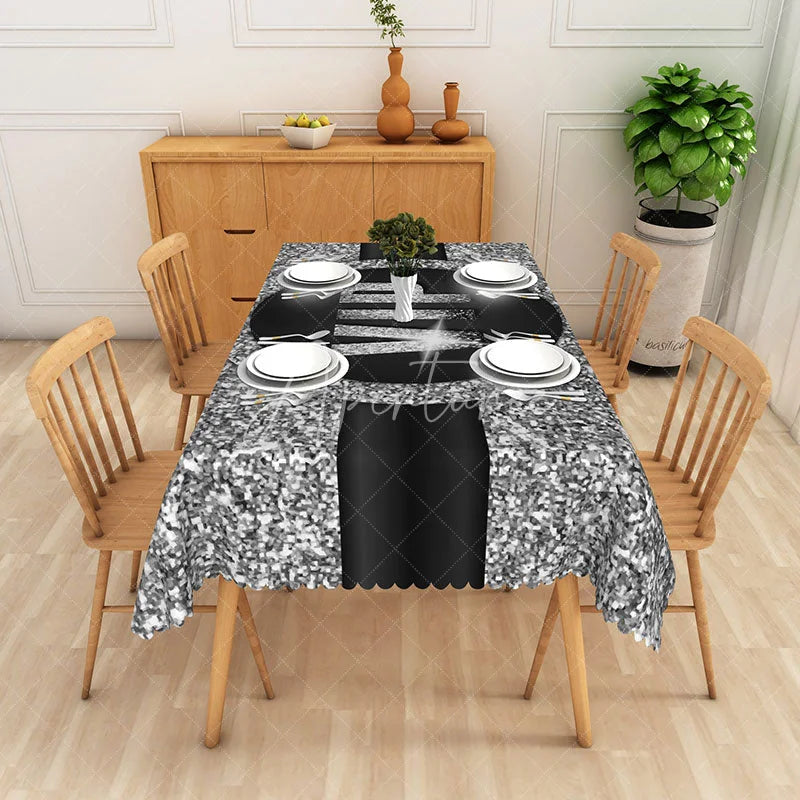 Aperturee - Aperturee Modern Black and Silver Glitter Tablecloth Elegant Sparkle Decor for New Year’s Eve Wedding or Party