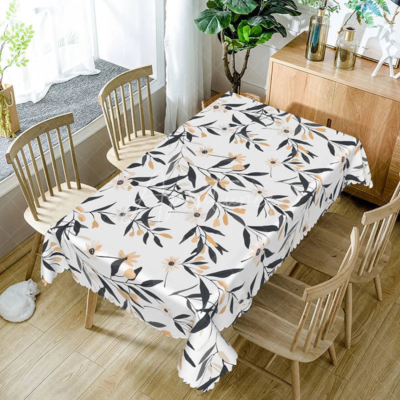 Aperturee - Aperturee Modern Black and White Floral Tablecloth Elegant Botanical Leaf Print for Contemporary Dining Decor