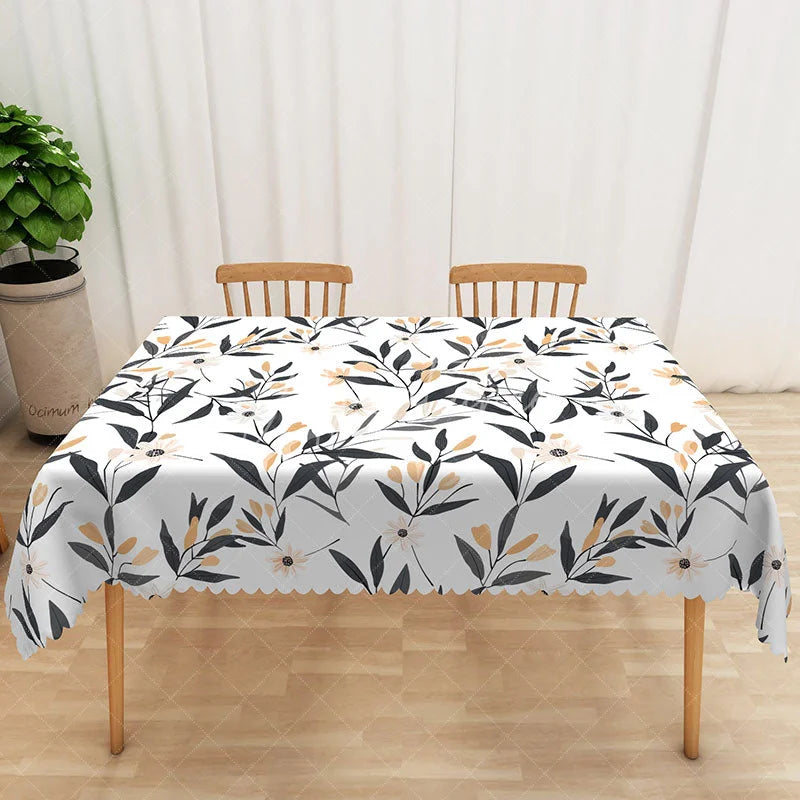 Aperturee - Aperturee Modern Black and White Floral Tablecloth Elegant Botanical Leaf Print for Contemporary Dining Decor