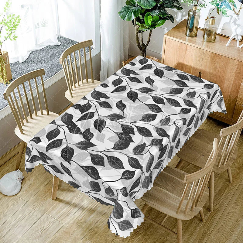 Aperturee - Aperturee Modern Black and White Leaf Tablecloth for Minimalist Botanical and Contemporary Dining Room Decor