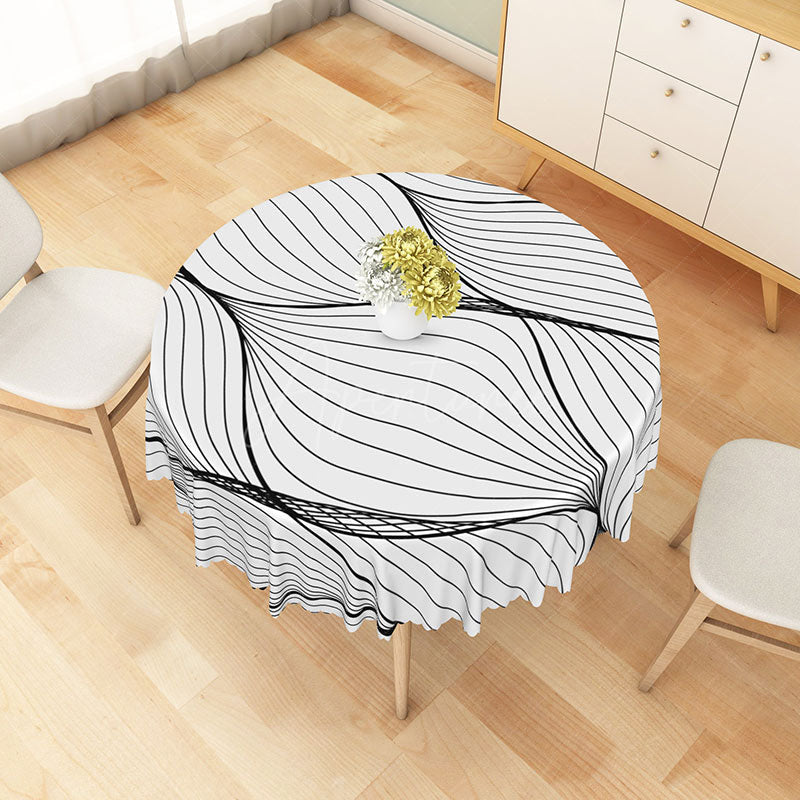 Aperturee - Aperturee Modern Black and White Wavy Line Round Tablecloth for Abstract and Minimalist Contemporary Decor