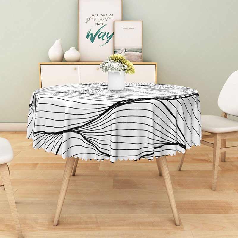 Aperturee - Aperturee Modern Black and White Wavy Line Round Tablecloth for Abstract and Minimalist Contemporary Decor