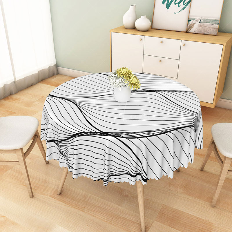 Aperturee - Aperturee Modern Black and White Wavy Line Round Tablecloth for Abstract and Minimalist Contemporary Decor
