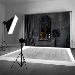 Aperturee Aperturee Modern Black Room Photography Backdrop Arched Window with City Night View Dark Moody Interior Studio Photo Prop