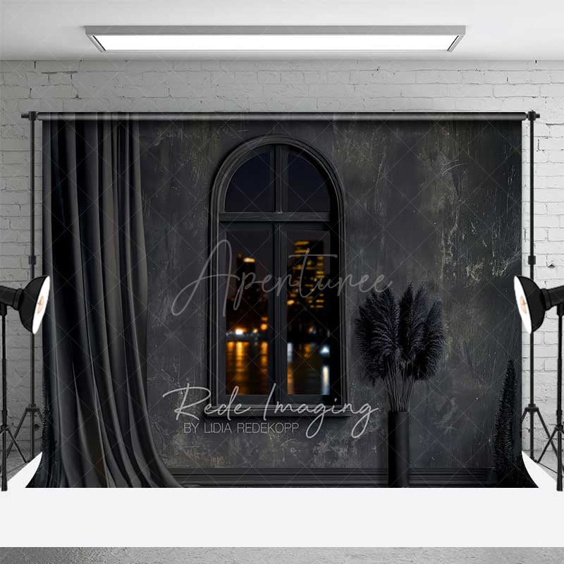 Aperturee Aperturee Modern Black Room Photography Backdrop Arched Window with City Night View Dark Moody Interior Studio Photo Prop
