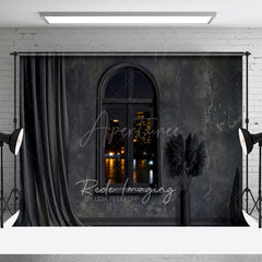 Aperturee Aperturee Modern Black Room Photography Backdrop Arched Window with City Night View Dark Moody Interior Studio Photo Prop