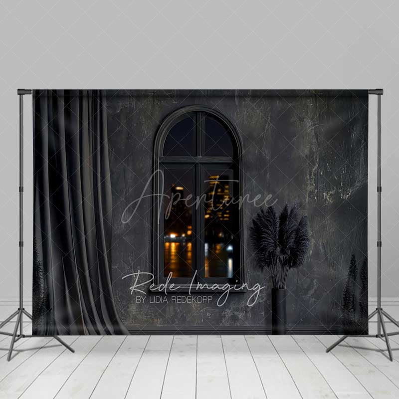 Aperturee Aperturee Modern Black Room Photography Backdrop Arched Window with City Night View Dark Moody Interior Studio Photo Prop