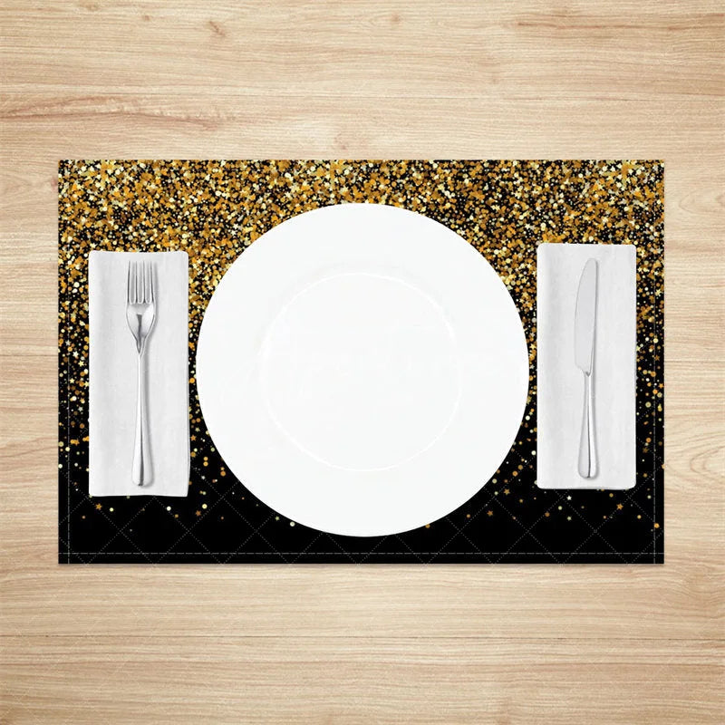 Aperturee - Aperturee Modern Black Set of 4 Placemats with Shining Gold Fragments for Elegant and Luxury Party Decor