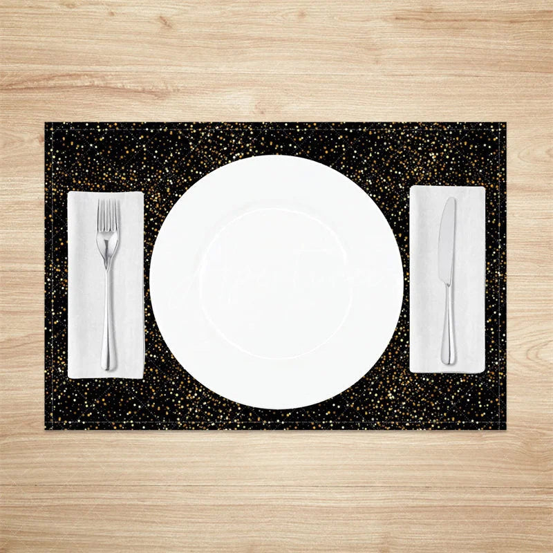 Aperturee - Aperturee Modern Black Set of 4 Placemats with Shining Golden Dots for Elegant Holiday and Party Decorations