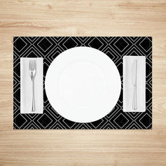 Aperturee - Aperturee Modern Black Square Lines Pattern Set of 4 Placemats Geometric Grid Design for Contemporary Decor