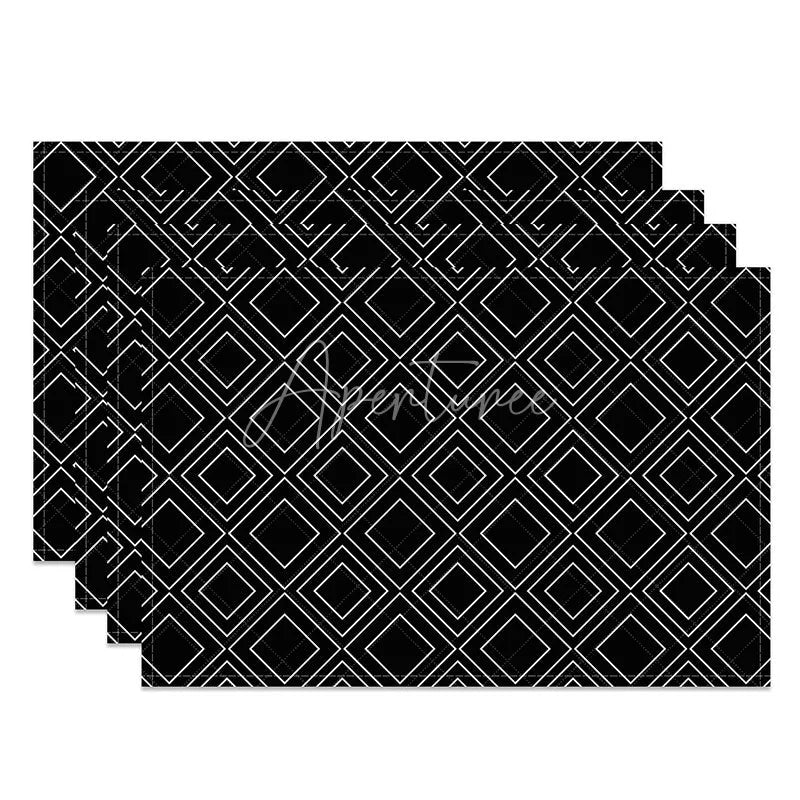 Aperturee - Aperturee Modern Black Square Lines Pattern Set of 4 Placemats Geometric Grid Design for Contemporary Decor