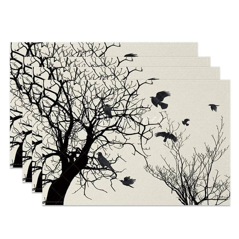 Aperturee - Aperturee Modern Black Tree Silhouette with Birds Set of 4 Placemats for Minimalist and Nature Themed Decor