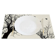 Aperturee - Aperturee Modern Black Tree Silhouette with Birds Set of 4 Placemats for Minimalist and Nature Themed Decor
