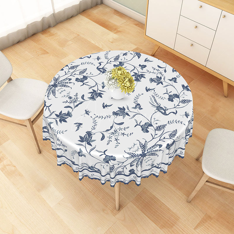 Aperturee - Aperturee Modern Blue and White Floral Round Tablecloth for Elegant Dining and French Country Kitchen Decor