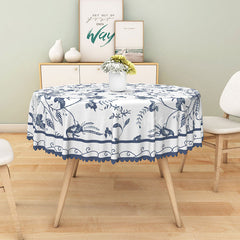 Aperturee - Aperturee Modern Blue and White Floral Round Tablecloth for Elegant Dining and French Country Kitchen Decor