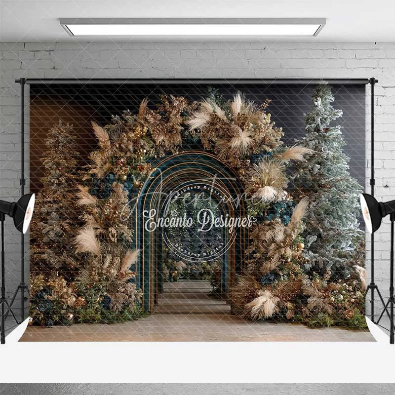 Aperturee - Aperturee Modern Blue Arch Christmas Backdrop Boho Pampas Grass Gold Photography Background