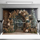 Aperturee - Aperturee Modern Blue Arch Christmas Backdrop Boho Pampas Grass Gold Photography Background