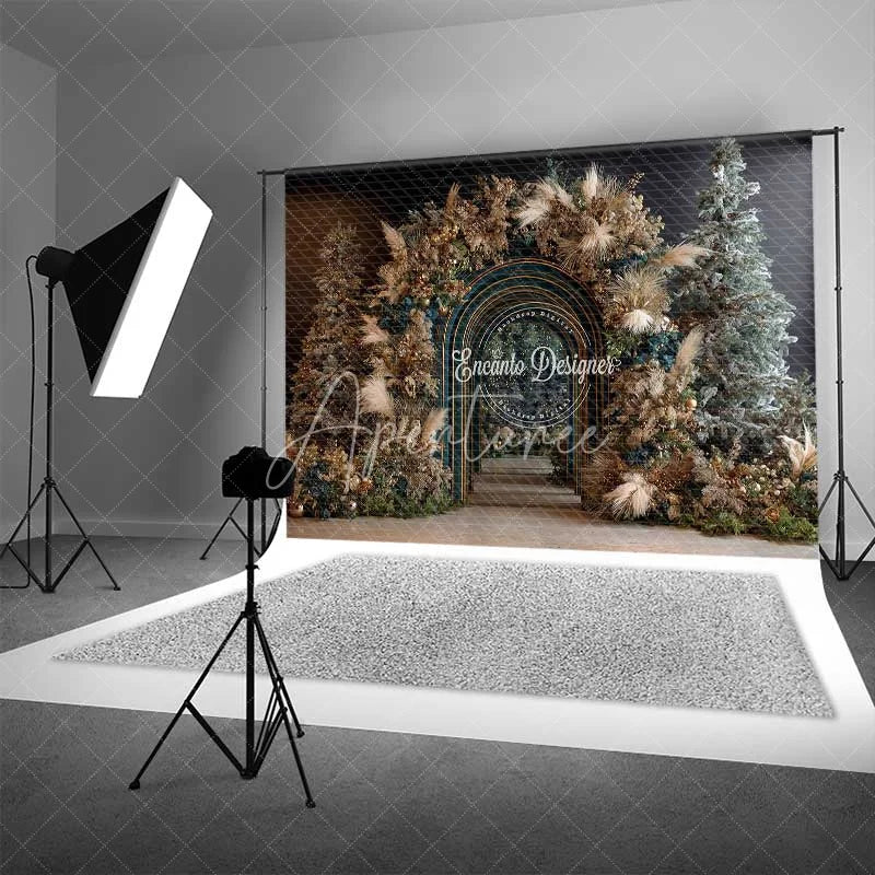 Aperturee - Aperturee Modern Blue Arch Christmas Backdrop Boho Pampas Grass Gold Photography Background