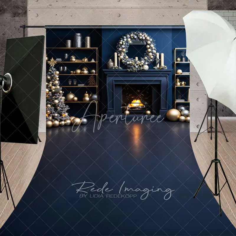 Aperturee - Aperturee Modern Blue Christmas Sweep Backdrop Fireplace Gold Ornaments Dark Blue Floor Room Photo Background