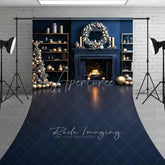 Aperturee - Aperturee Modern Blue Christmas Sweep Backdrop Fireplace Gold Ornaments Dark Blue Floor Room Photo Background