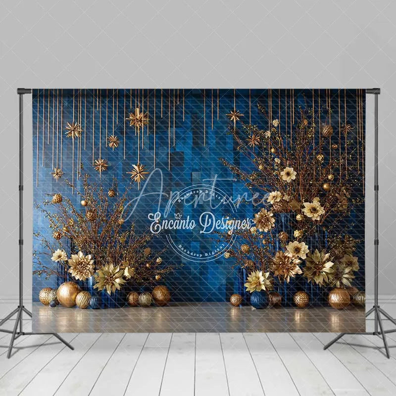 Aperturee - Aperturee Modern Blue Geometric Christmas Backdrop Gold Starburst Floral Photography Background