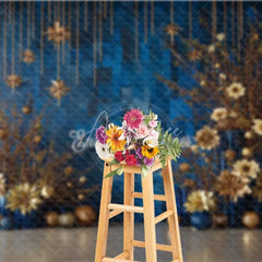 Aperturee - Aperturee Modern Blue Geometric Christmas Backdrop Gold Starburst Floral Photography Background