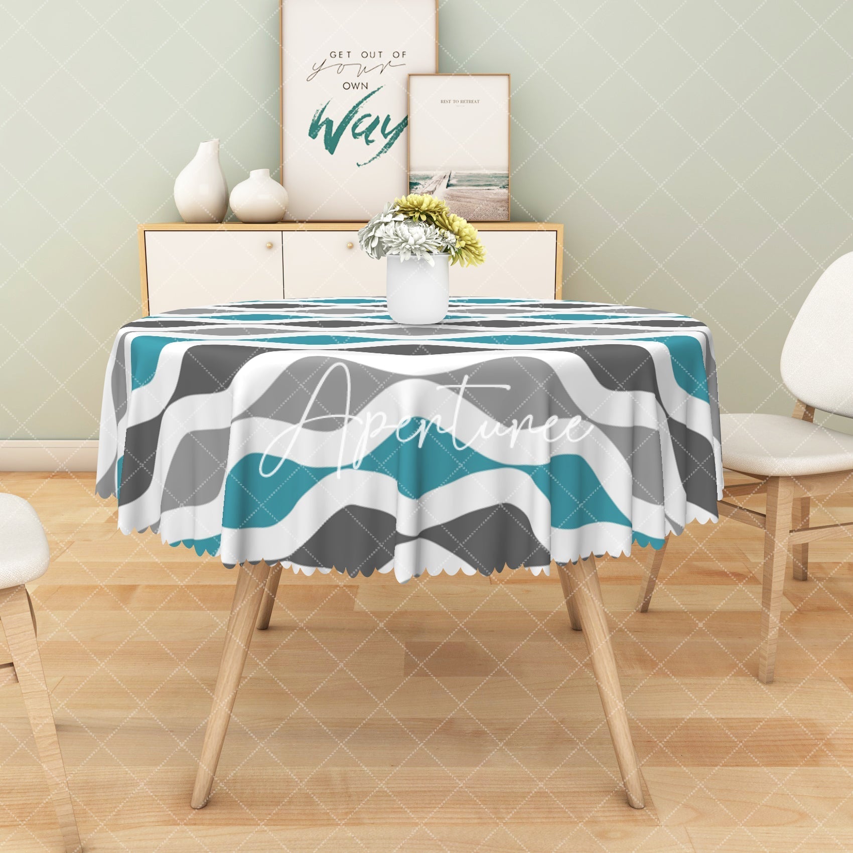 Aperturee - Aperturee Modern Blue Grey And White Wave Rectangle Tablecloth