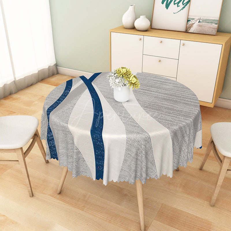 Aperturee - Aperturee Modern Blue White and Gray Stripe Round Tablecloth for Coastal and Contemporary Kitchen Decor