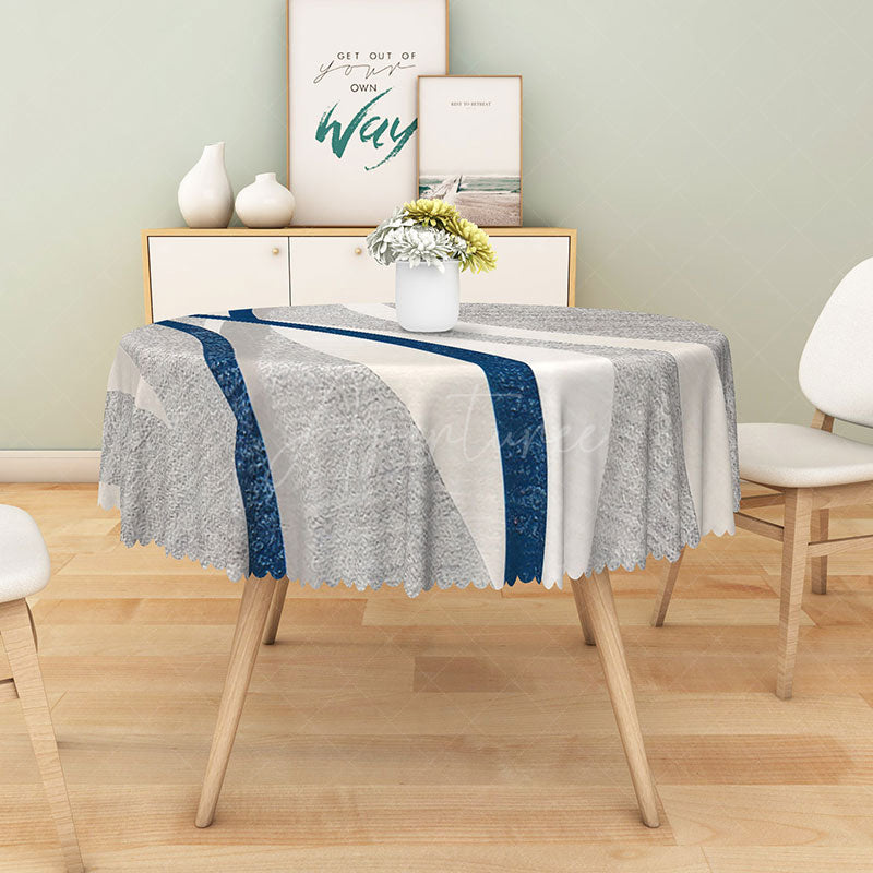 Aperturee - Aperturee Modern Blue White and Gray Stripe Round Tablecloth for Coastal and Contemporary Kitchen Decor