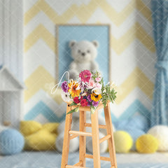Aperturee - Aperturee Modern Blue Yellow House Bear Cake Smash Backdrop