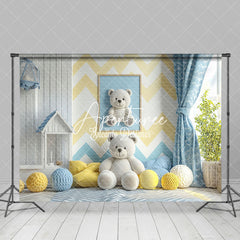 Aperturee - Aperturee Modern Blue Yellow House Bear Cake Smash Backdrop