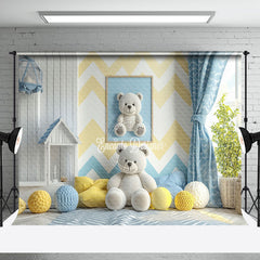 Aperturee - Aperturee Modern Blue Yellow House Bear Cake Smash Backdrop