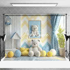 Aperturee - Aperturee Modern Blue Yellow Wall Teddy Bear Room Set Backdrop