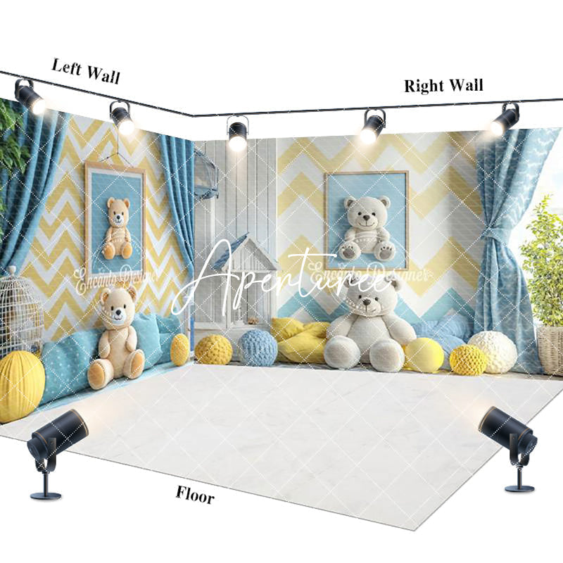 Aperturee - Aperturee Modern Blue Yellow Wall Teddy Bear Room Set Backdrop