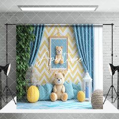 Aperturee - Aperturee Modern Blue Yellow Wall Teddy Bear Room Set Backdrop