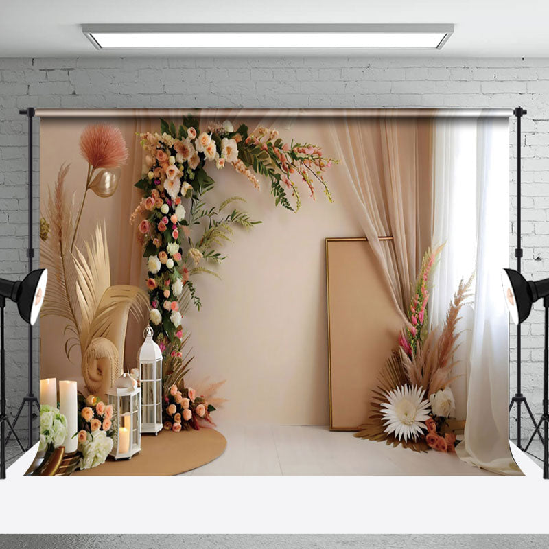 Aperturee - Aperturee Modern Boho Floral Leaf Wedding Photography Backdrop