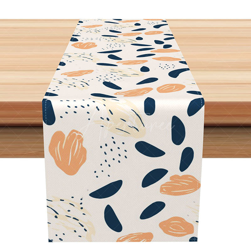 Aperturee - Aperturee Modern Boho Table Runner with Navy and Orange Abstract Print for Eclectic Kitchen and Dining Room Decor