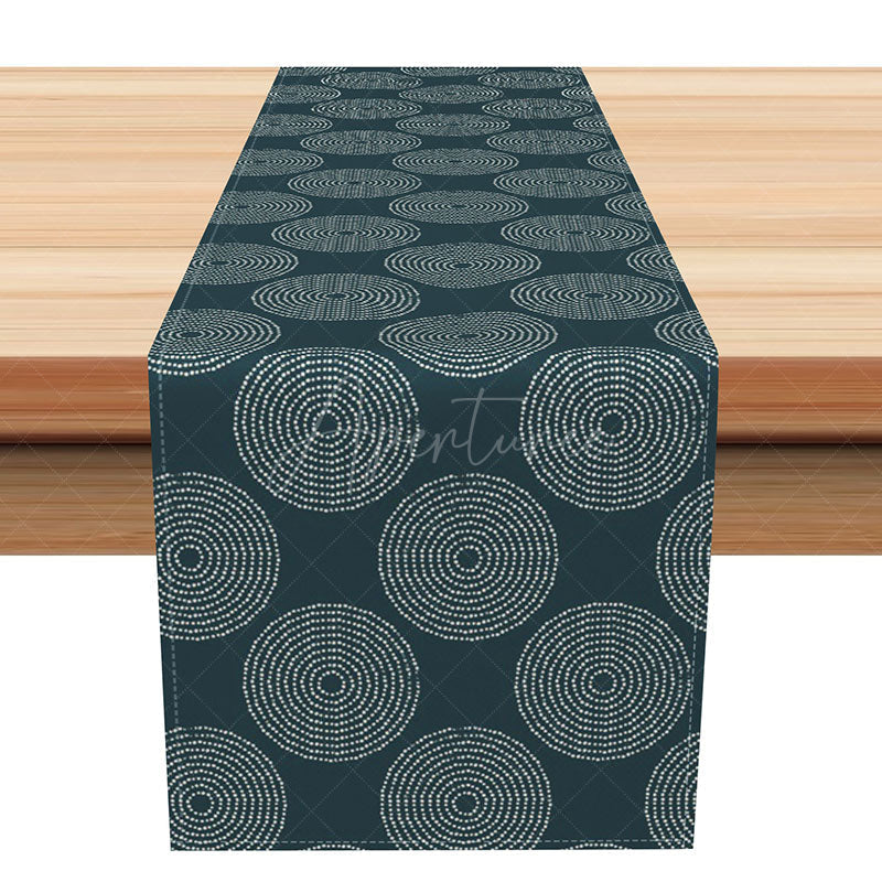 Aperturee - Aperturee Modern Boho Table Runner with Navy and White Circle Pattern for Everyday Dining and Kitchen Table Setting