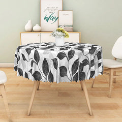 Aperturee - Aperturee Modern Botanical Round Tablecloth with Black and White Leaf Stripes for Minimalist Farmhouse Decor