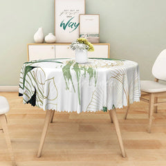 Aperturee - Aperturee Modern Botanical Round Tablecloth with White Green and Gold Leaves for Elegant Holiday Dining Decor