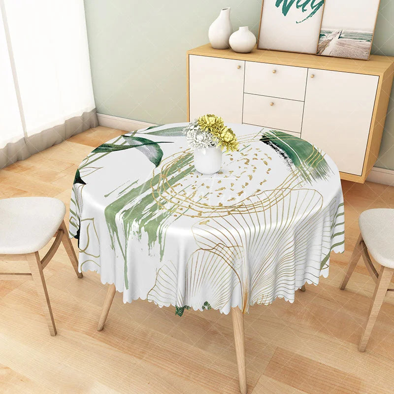 Aperturee - Aperturee Modern Botanical Round Tablecloth with White Green and Gold Leaves for Elegant Holiday Dining Decor