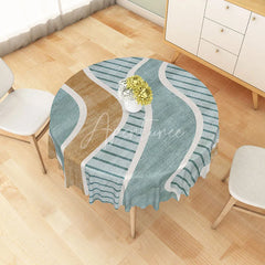 Aperturee - Aperturee Modern Brown and Green Striped Round Tablecloth for Earth Tone and Neutral Contemporary Decor