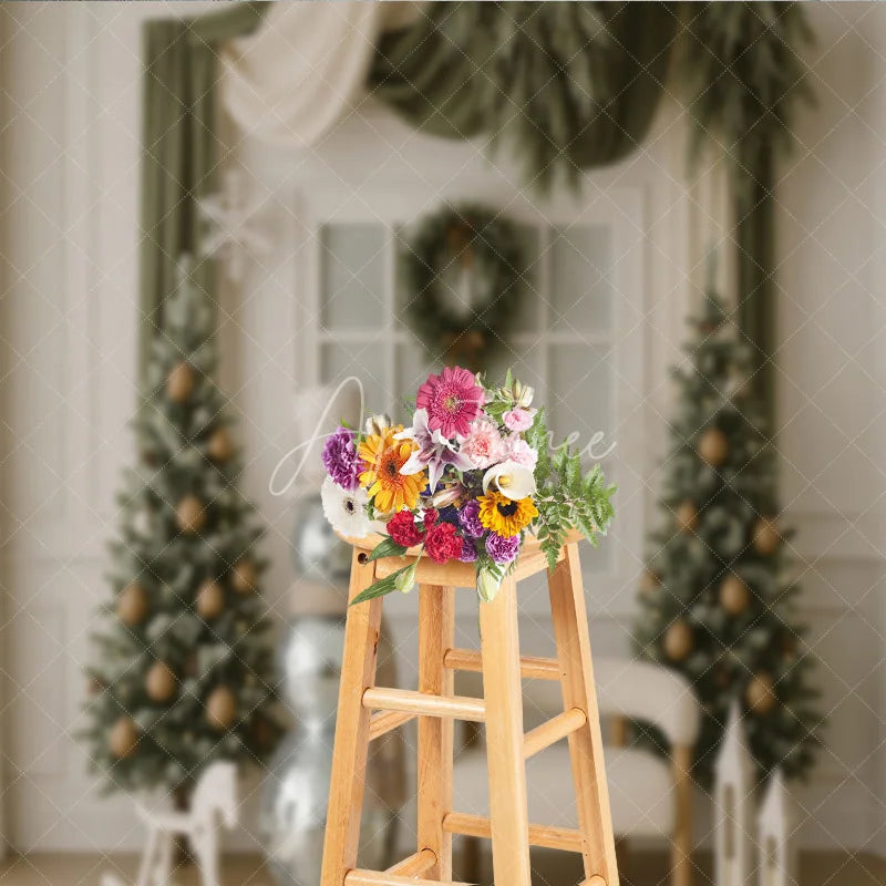 Aperturee - Aperturee Modern Christmas Backdrop Disco Ball Snowman Green Curtain Background Chic Winter Holiday Party Photography Prop