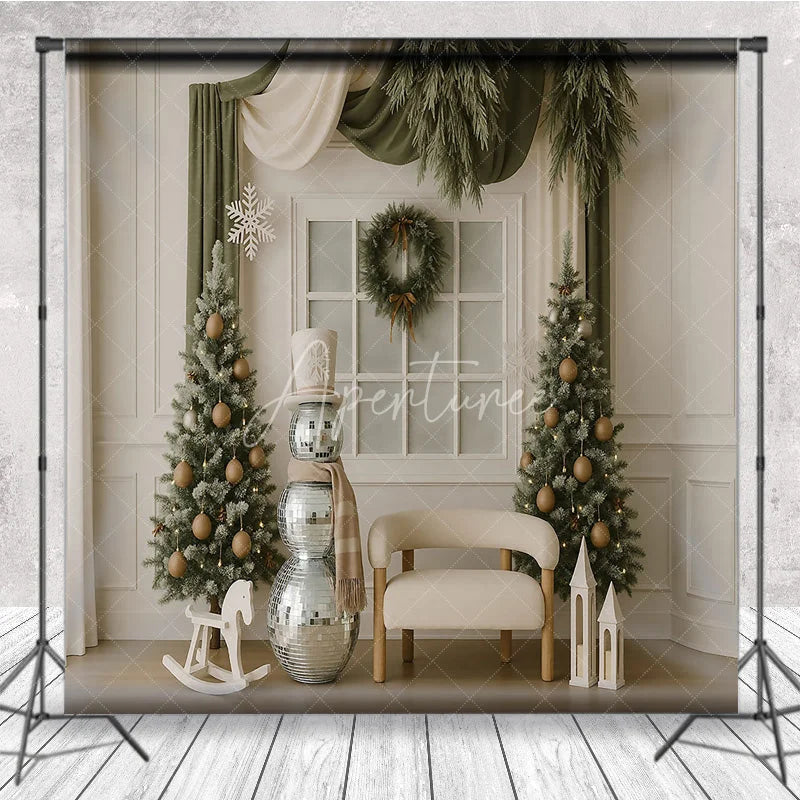Aperturee - Aperturee Modern Christmas Backdrop Disco Ball Snowman Green Curtain Background Chic Winter Holiday Party Photography Prop