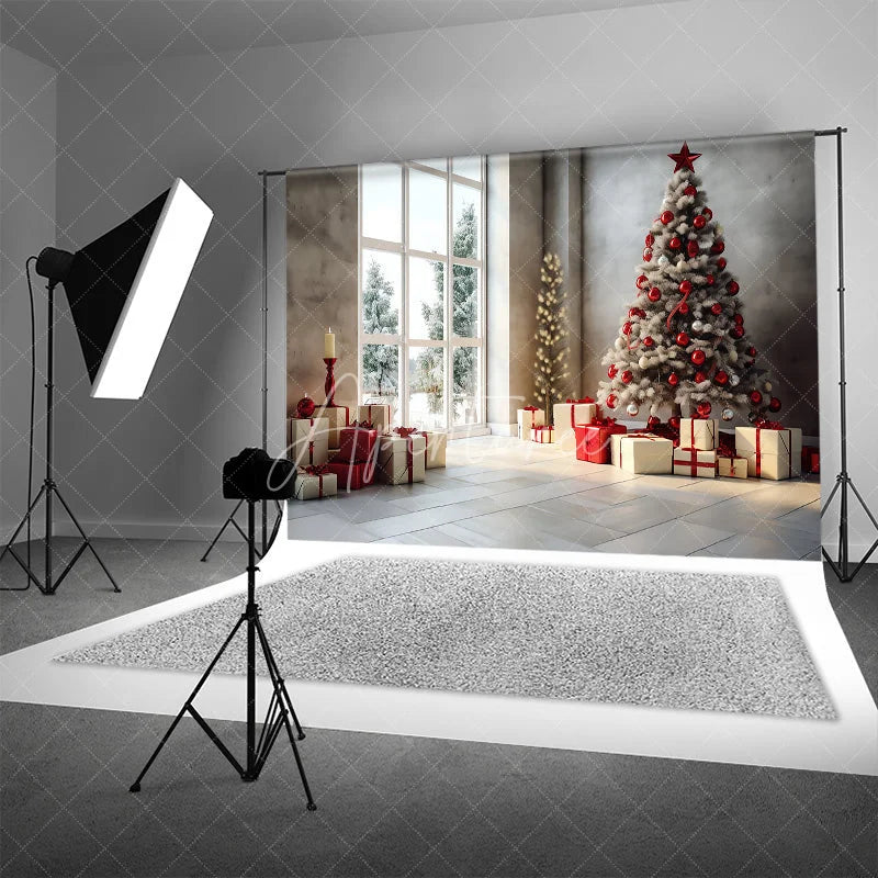 Aperturee - Aperturee Modern Christmas Backdrop Living Room Window Red Tree Photography Background Winter Snow View Holiday Party Decoration