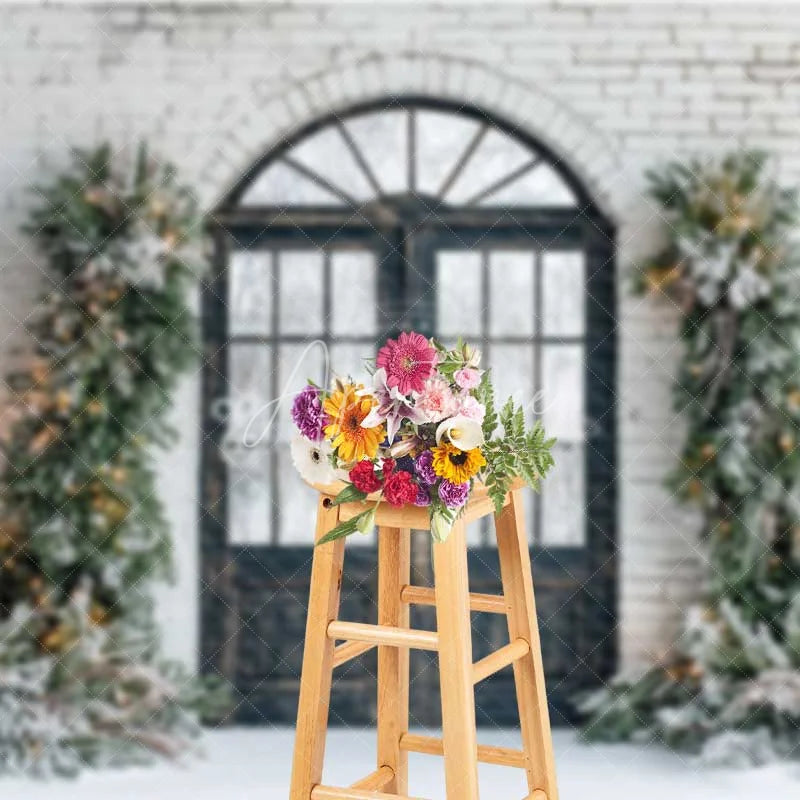 Aperturee - Aperturee Modern Christmas Door Backdrop Black Grid Entryway Lighted Pine Garland Snow White Brick Background