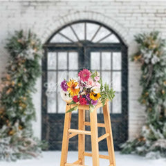 Aperturee - Aperturee Modern Christmas Door Backdrop Black Grid Entryway Lighted Pine Garland Snow White Brick Background