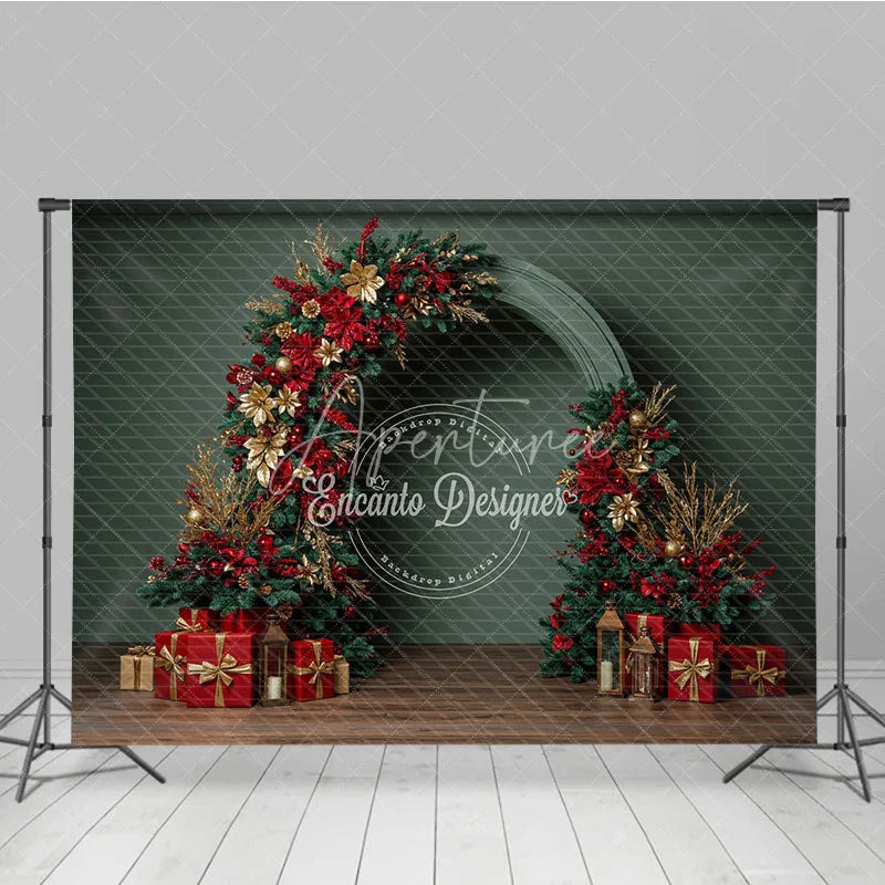 Aperturee - Aperturee Modern Christmas Floral Arch Photography Backdrop Red and Gold Poinsettia Half-Arch Elegant Holiday Photo Background