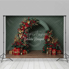 Aperturee - Aperturee Modern Christmas Floral Arch Photography Backdrop Red and Gold Poinsettia Half-Arch Elegant Holiday Photo Background